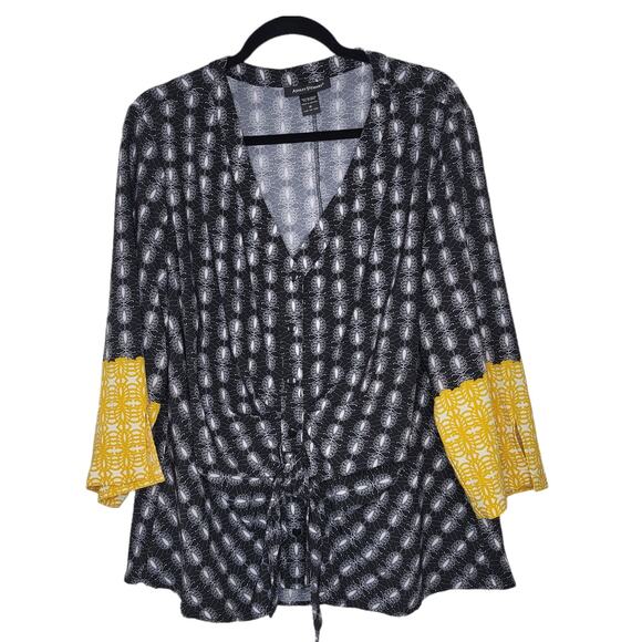 Ashley Stewart Abstract Black Yellow Front Tie Button Front Top Blouse Sz 18 - Picture 4 of 8